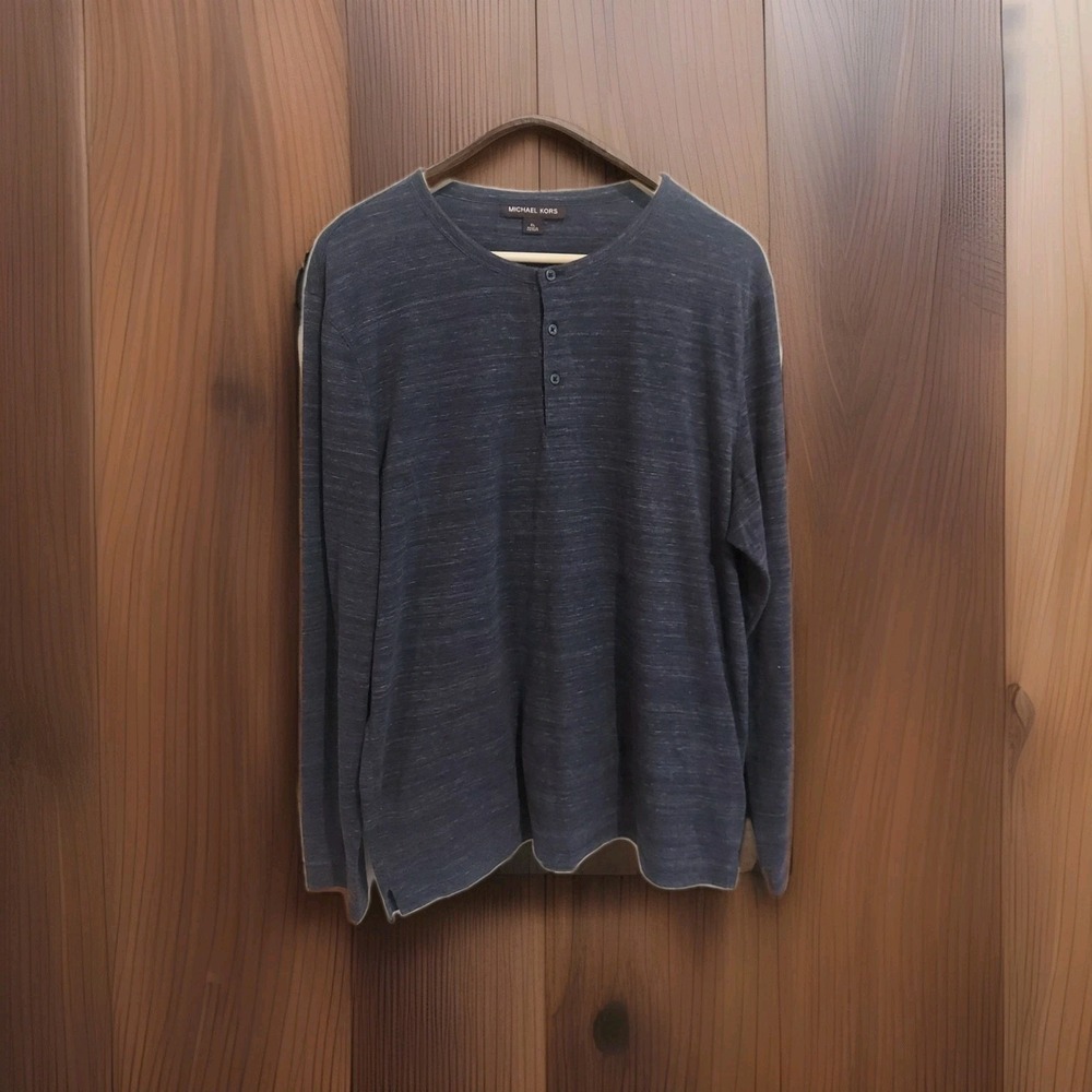 Michael Kors Men's Long Sleeve Heather Blue Henley Shirt Size XL Casual Buttons